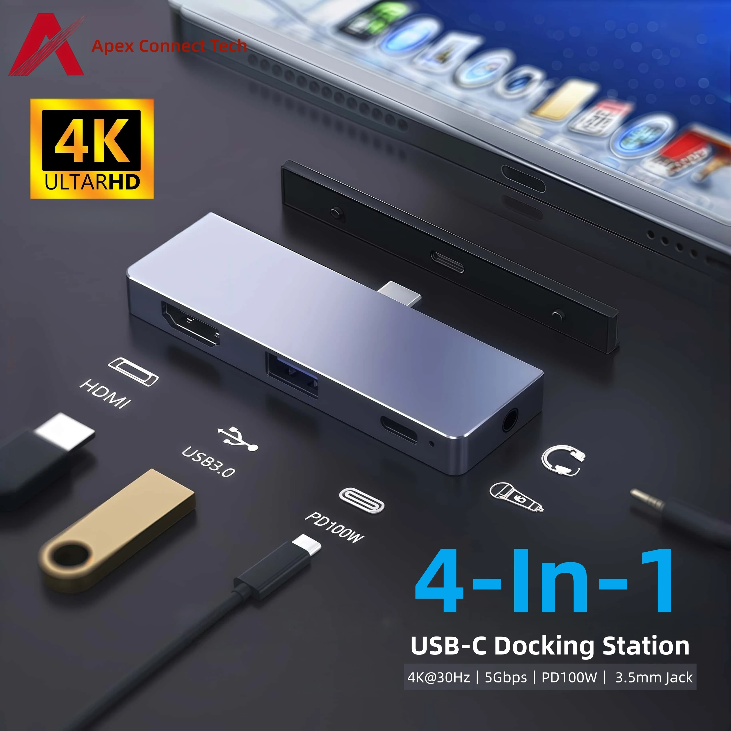 

USB Hub 3.0 Powered 5Gbps 4 in 1 PD100W USB C to 4K HDMI Audio Jack Type C Splitter Adapter Docking Station for MacBook iPad Pro