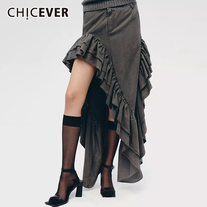 

CHICEVER Irregular Hem Skirts For Women High Waist Spliced Folds Slimming Solid Vintage Designer Sexy Skirt Female Fashion Style