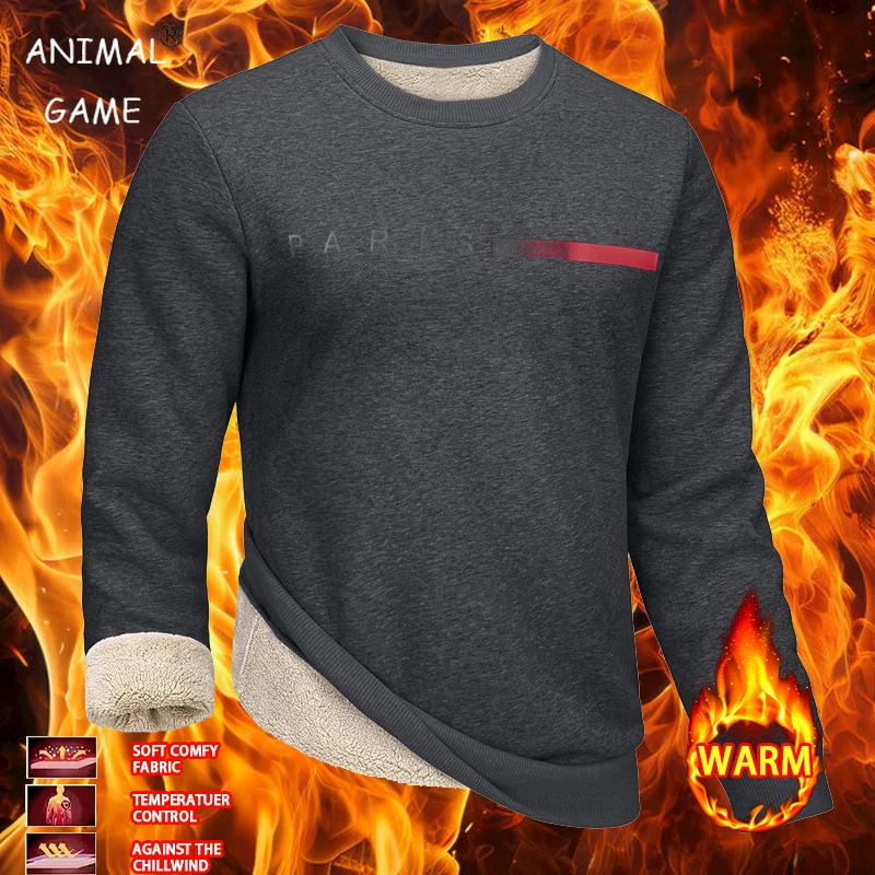 Herren-Sweatshirt mit Rundhalsausschnitt, schweres Winter-warmer Sherpa-gefütterter Pullover, Outdoor, lässig, Streetwear, Basic-Mäntel, dicke Oberteile für Herren