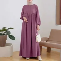 Casual Puffed Sleeves Simple Solid Color Dress for Women Islam Muslim Dress Women Clothes Dubai Abayas African Robe Musulmane