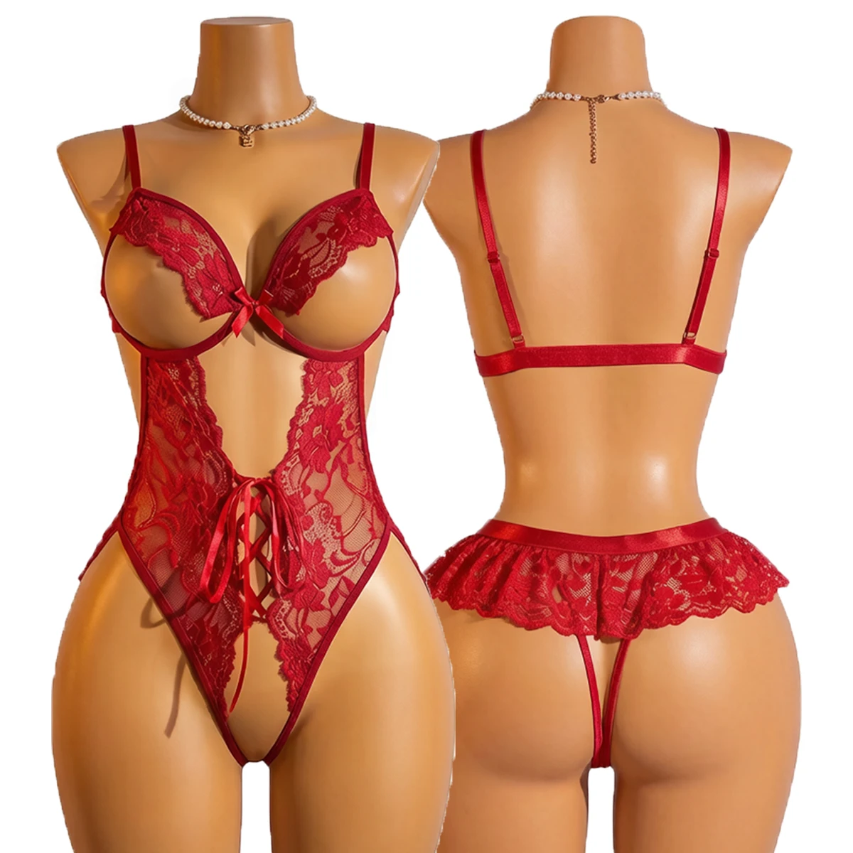 Body de encaje sexy para mujer, lencería erótica, teddy con liguero, detalle de lazo, entrepierna abierta, estilo arnés, ropa interior sexy para ella.