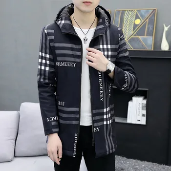 2024 Spring and Autumn New Fashion Checkered Long Hooded Trench Coat Men's Casual Loose Comfortable Windproof Large Size Coat 2