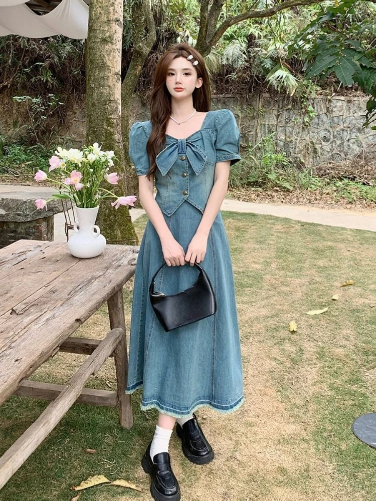 

Vintage French Style Denim Set For Women Summer Elegant Bow Blouse Slimming Midi Skirt Casual Outfit