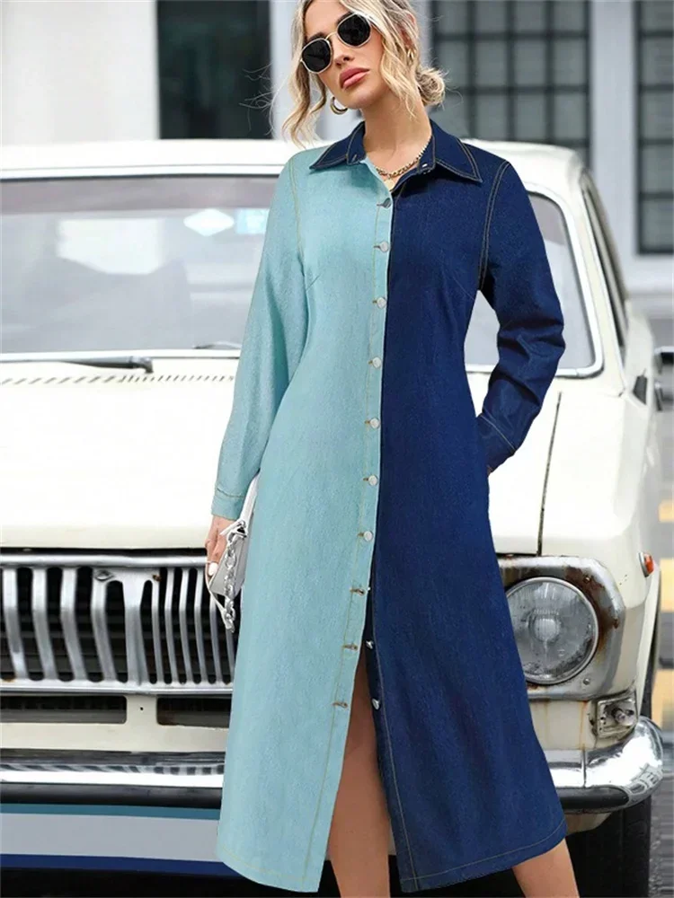 Wmstar Plus Size Denim Dresses Women Long Sleeve Casual Button Pockets Pathwork Maxi Dress Fall Clothes Wholesale Dropshipping