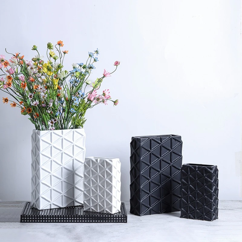 Ceramic Vase Geometric Rectangular Grid Vase Floral Arrangement Flowerpot Checkered Pattern Vases Home Decoration Accessories