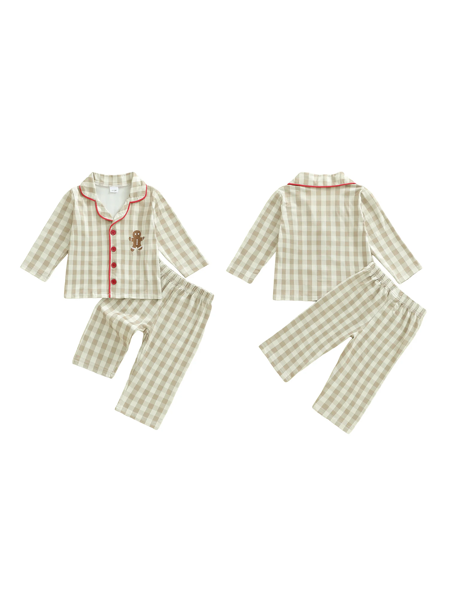 Infant Toddler Plaid Pajama Set with Christmas Gingerbread Embroidery Lapel V Neck Long Sleeve Top and Pants 2-Piece