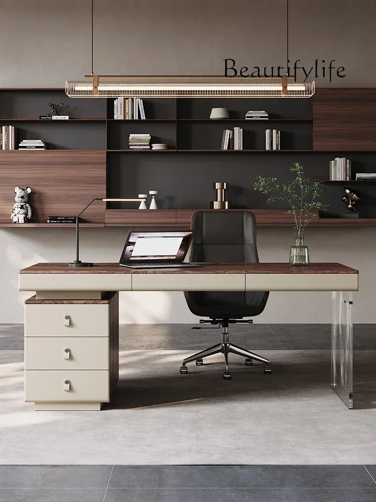 Creative Italian minimalist desk saddle leather light luxury simple home solid wood designer office desk and chair