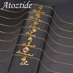 Atoztide Custom Name Necklace for Women Personalized Birth Month Flowers Stainless Steel Jewelry Choker Chain Birthday Gifts