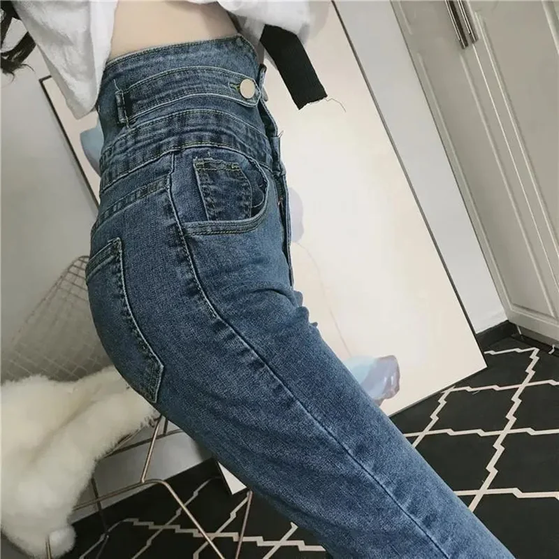 Spodnie jeansowe w stylu koreańskim damskie denimowe spodnie damskie 2022 wysokie zwężone cienkie legginsy Skinny spodnie Vintage dla młodej damy