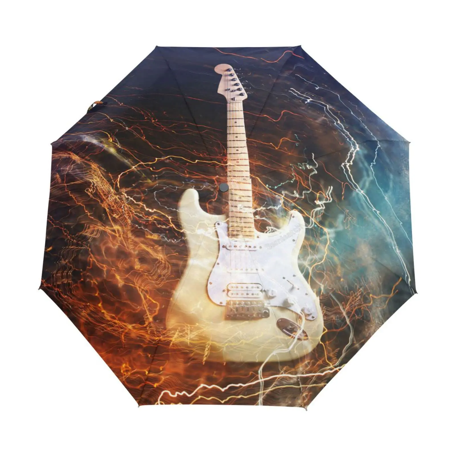 Guitar Music Folding Umbrella Fire and Water Musical Instrument Compact Windproof Travel Umbrellas Rain for Adults Teens Kids