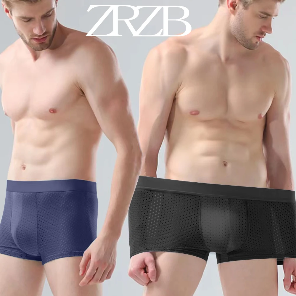 Calzoncillos Bóxer transpirables para hombre, ropa interior Sexy de malla de seda de hielo, de marca, talla grande