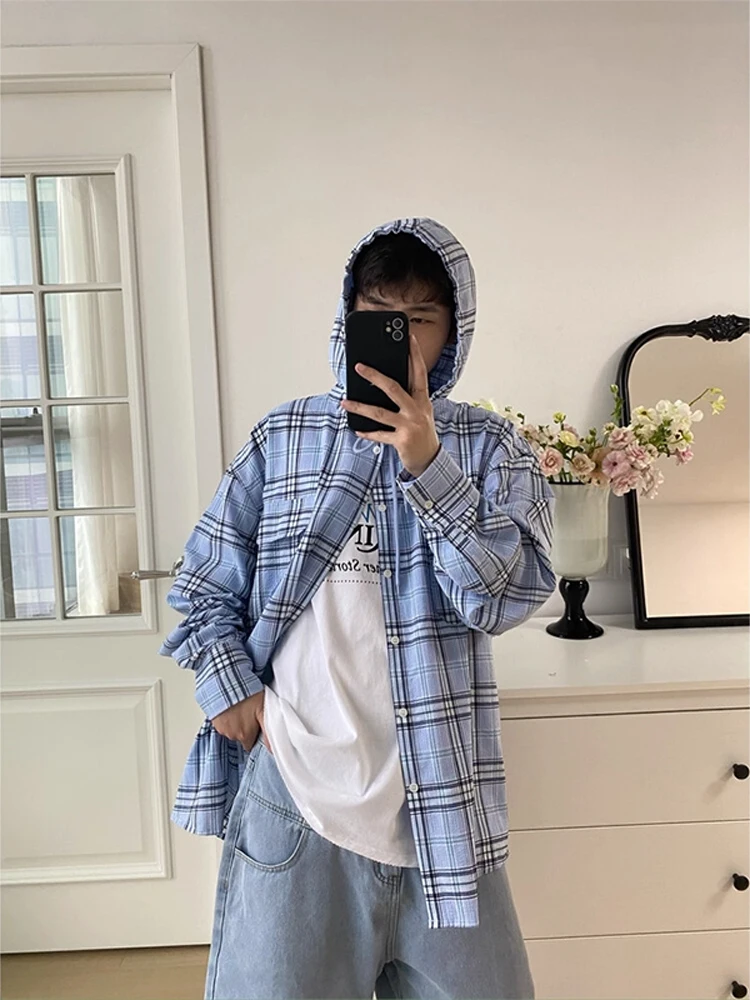 

Blue Striped Plaid Hooded irt Loose Fit Boys Spring Autumn Vintage College Sle Top Button down No Iron Treaent Long Sve