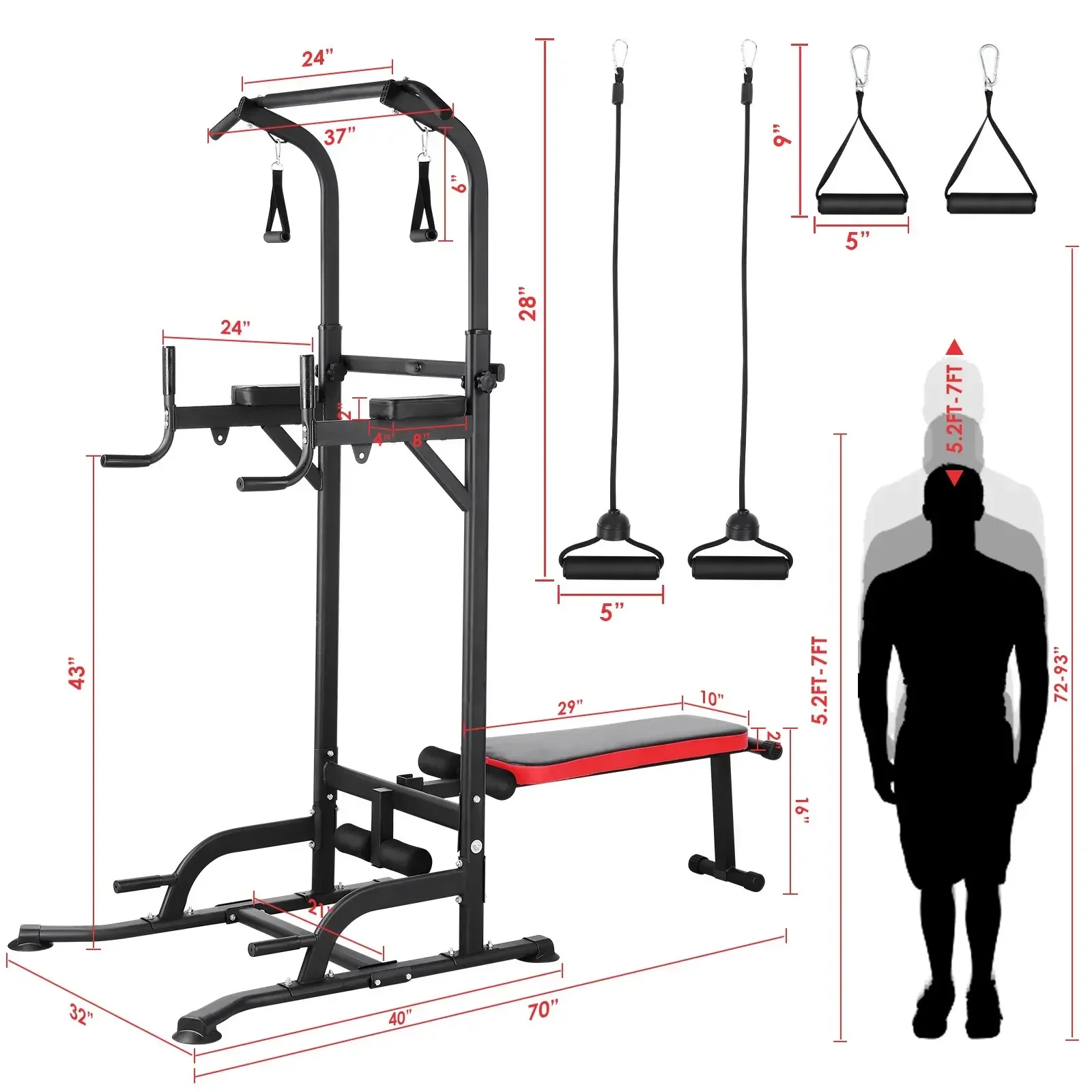 Functional Fitness Gym Style Training Power Tower & Adjustable Workout Bench System Foldable for Pull Ups and Dips, Load 200 kg