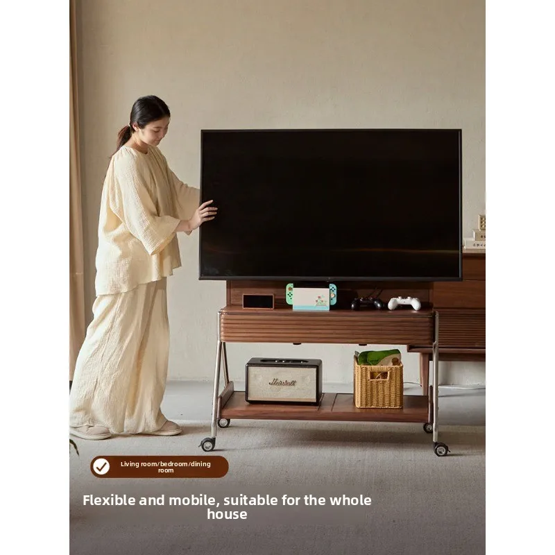 Woodwork North American black walnut removable TV stand 85 inch household with wheels medieval solid wood TV cabinet