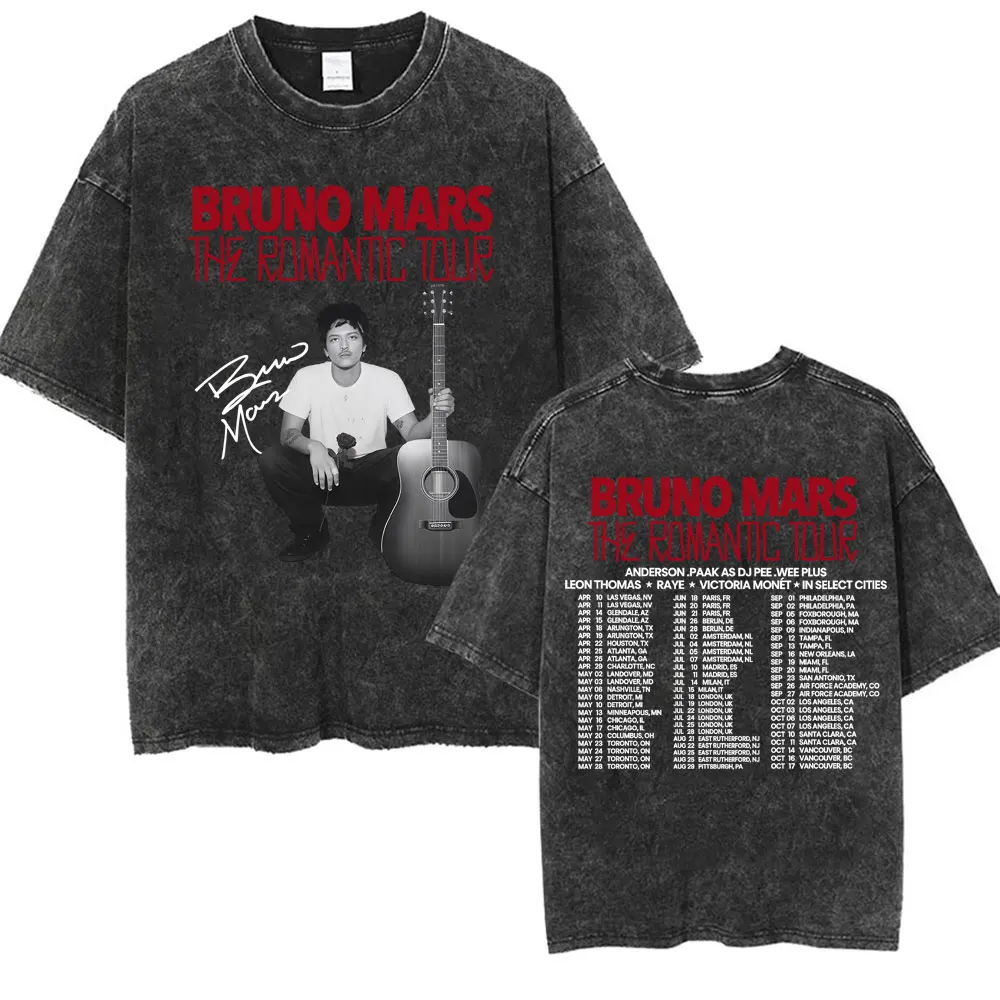 Bruno Mars The Romantic Tour 2026 Vintage Washed T Shirts Men Women Hip Hop Punk Pop Music T-shirt 100% Cotton Oversized T Shirt