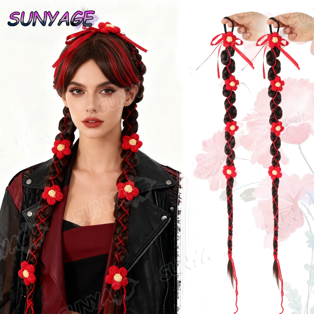 

Synthetic wig accessories Xiuhe bridal red wool flower hair new Chinese twist braid ribbon Fried Dough Twists double ponytail