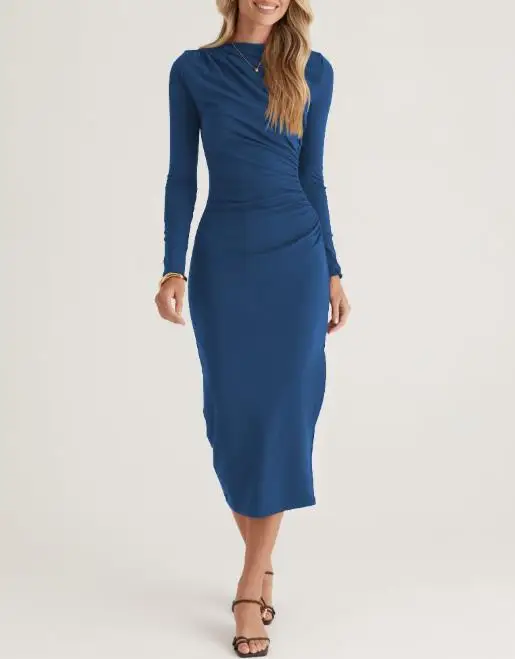 

Women Dresses 2026 Spring Autumn New Solid Color Pleated Mock Neck Long Sleeved Slim Fit Daily Casual Hip Hugging Long Dress