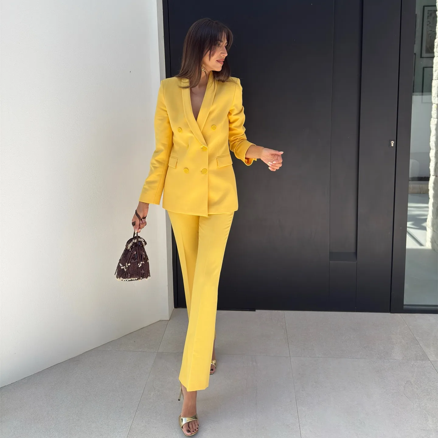 

PB&ZA2025loose double-breasted suit jacket + high waist slit flared pants suit summer new women's clothing