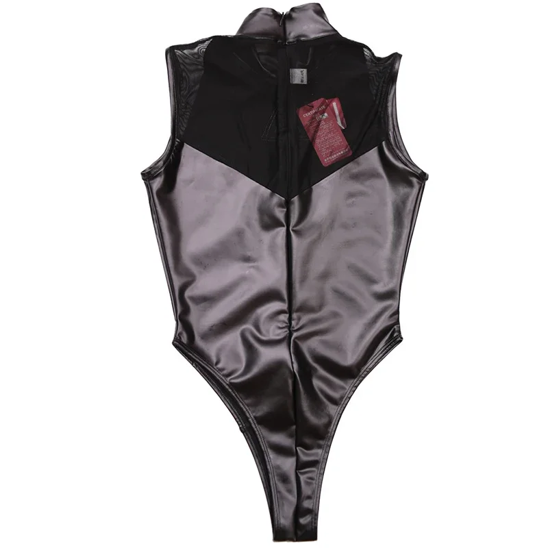 Women Sexy PU Leather Bodysuits Sleeveless Mesh Stitching Faux Latex Bodycon Jumpsuits Ladies Nightclub Cosplay Rompers Custom