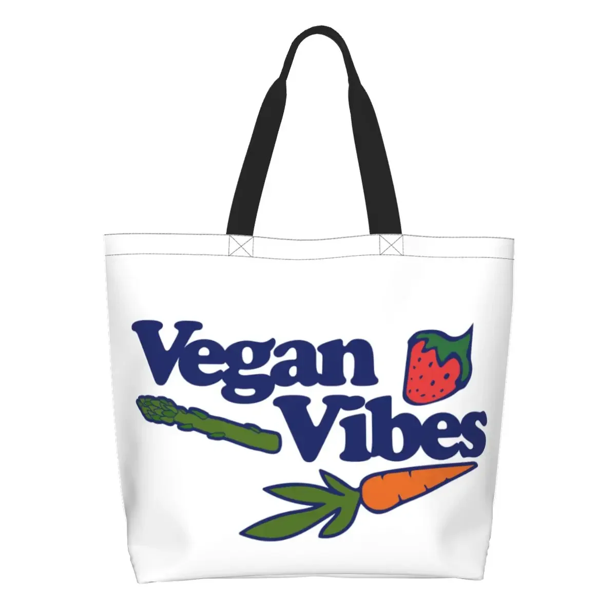 

Kawaii Printing Vegan Vibes Shopping Tote Bag Washable Canvas Shopper Shoulder Strawberry Plants Handbag