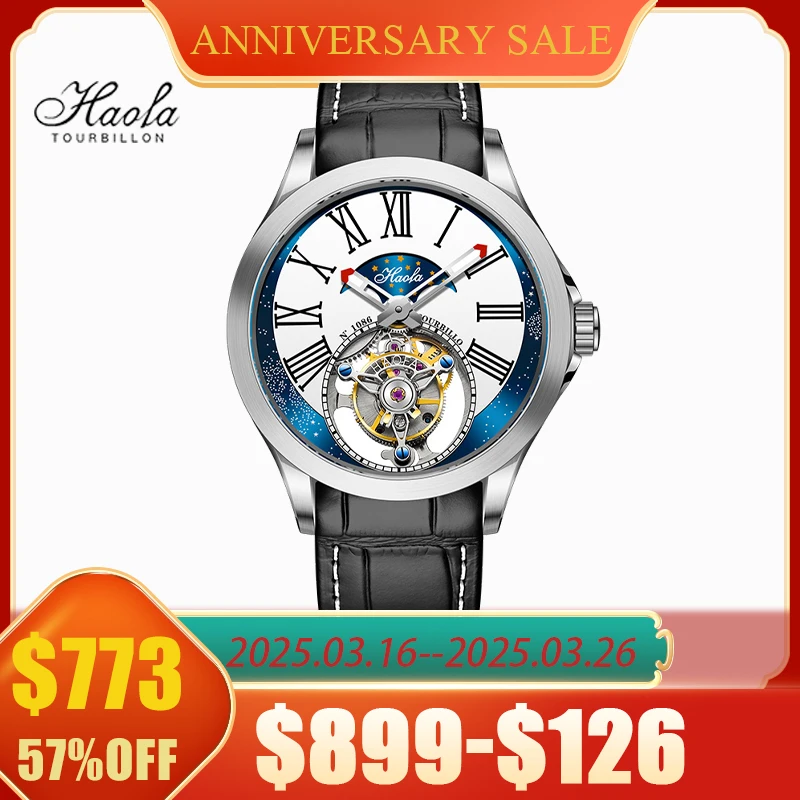 Haofa Flying Tourbillon Wristwatch Starry Sky Dial Sapphire Skeleton Manual Mechanical Watch For Men Luxury zegarek męski 1086