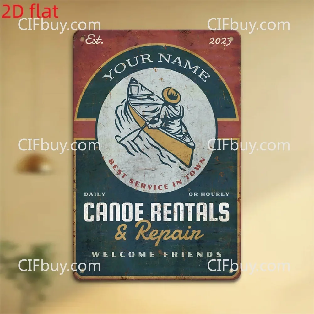 Custom Name Retro Canoe Rental Repair Vintage Metal Sign 1pc [2D Flat] For Cabin Wall Ornament Decor