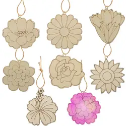 24Pcs Wooden Flower Head Pendants Unpainted Lily Tulip Rose Hanging Ornament For Spring Easter Home Party Decoration Gifts