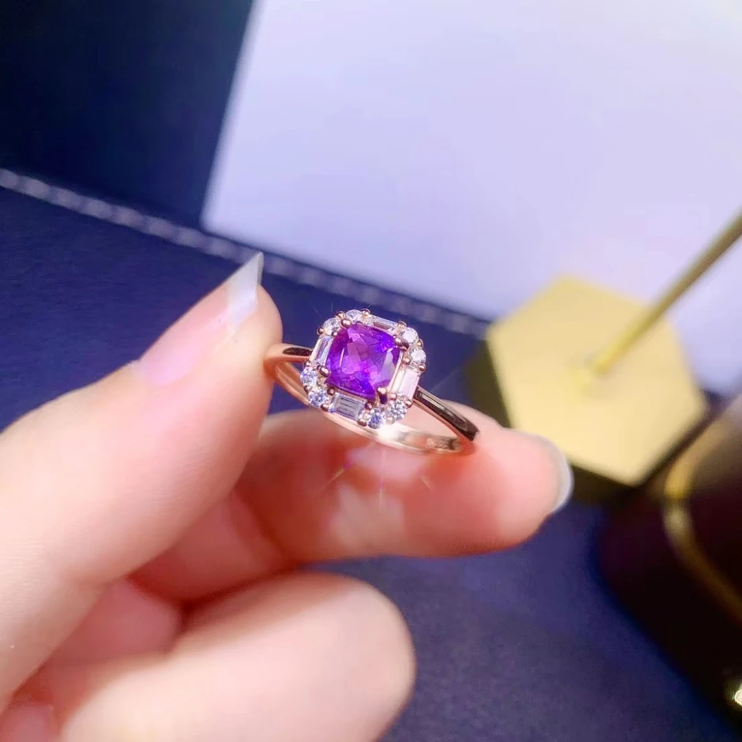 الكلاسيكية الأحجار الكريمة خاتم الخطوبة للمرأة 5 مللي متر الأميرة ساحة قطع الجمشت الطبيعي الدائري الصلبة 925 الفضة جمشت مجوهرات #6