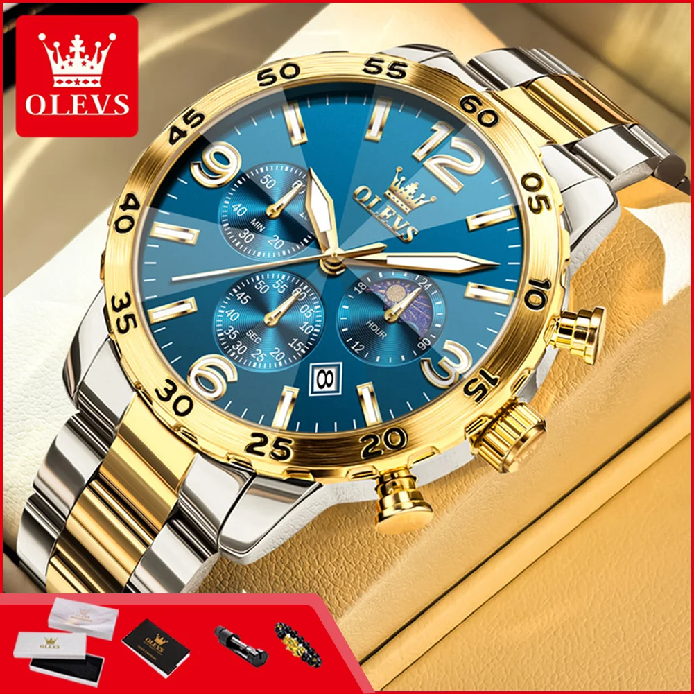 OLEVS 3678 Chronograph Herrenuhren Original Mondphase Datum Wasserdicht Leuchtend Sport Luxus Klassische Quarz-Armbanduhr für Männer