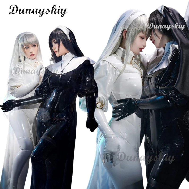 Anime Original Design Chowbie Nun Cosplay Costume Nun White Black PU Leather Jumpsuit Sexy Bodysuit Women Nun Cosplay