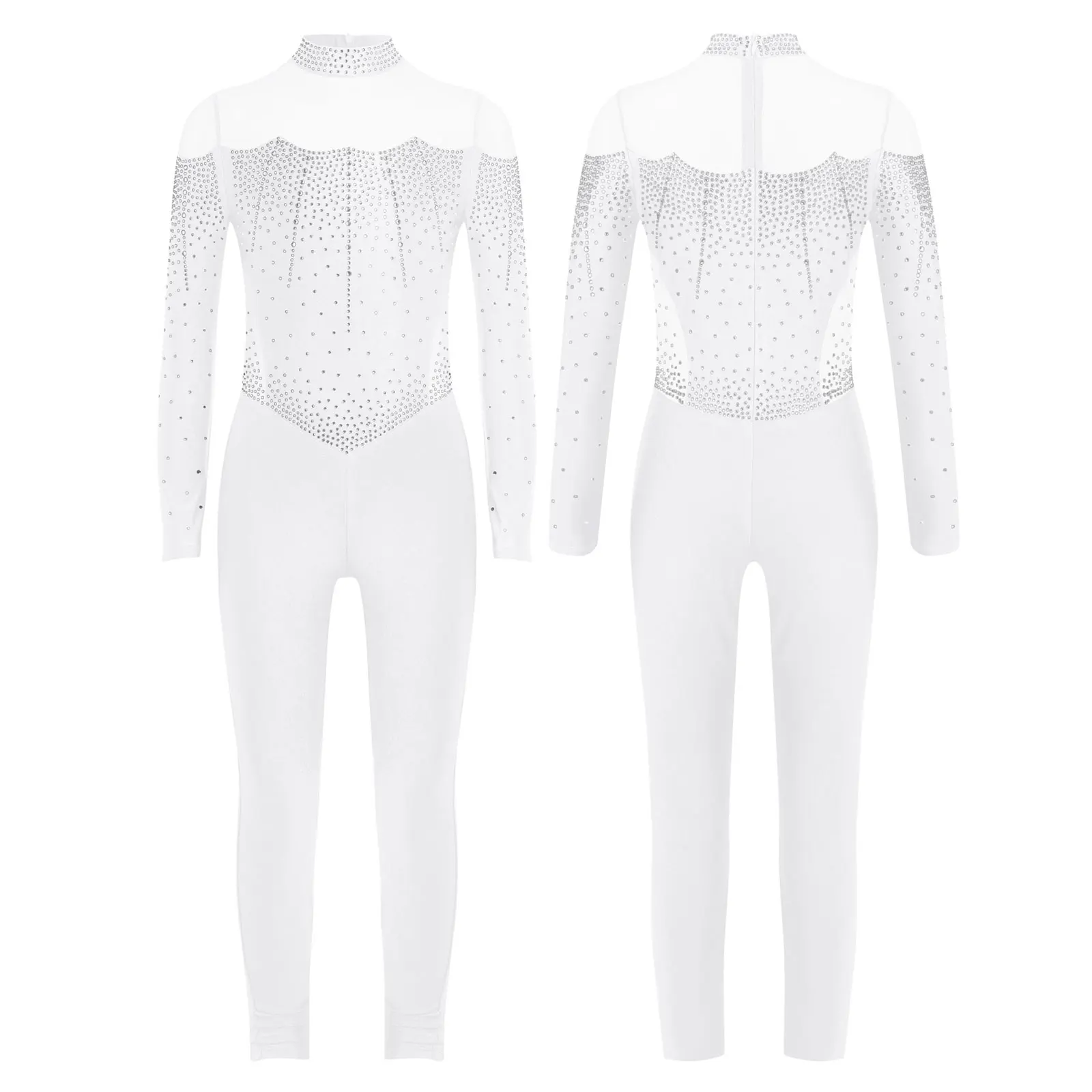 6-16Y الفتيات الشكل التزلج الرقص بذلة طويلة الأكمام لامعة الراين بقماش شفاف يوتار الباليه الجمباز البهلوانية ارتداءها #2