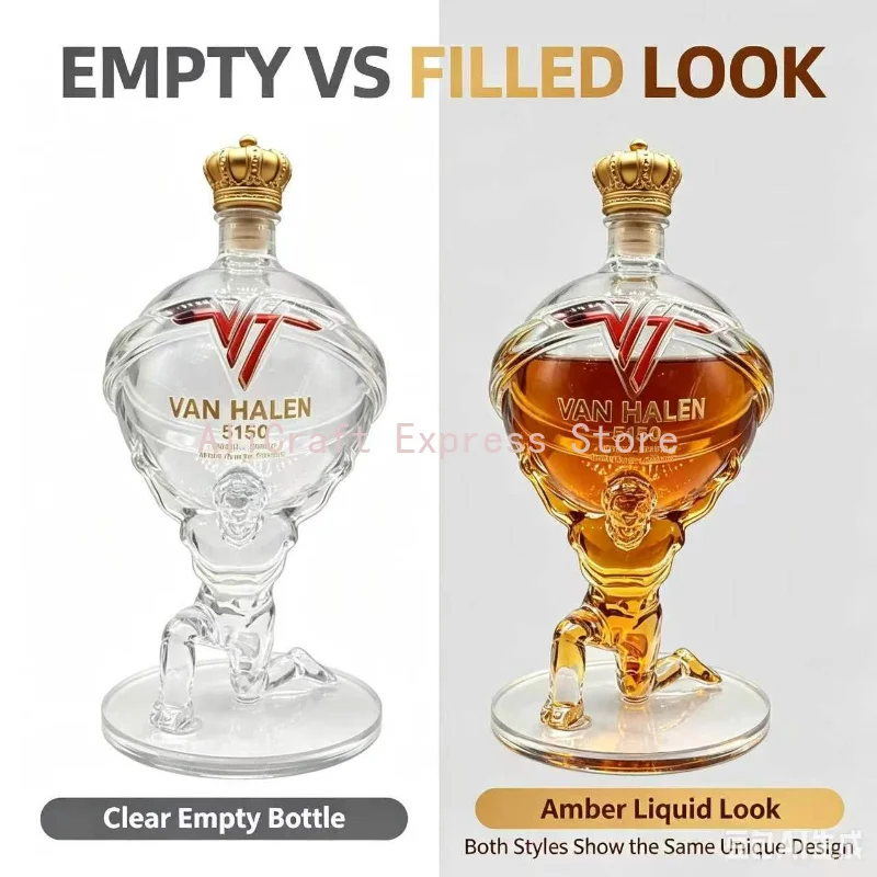 Van Halen 5150 Themed Atlas Globe Glass Bottle, Empty Whiskey Decanter Vintage Bar Display Decor