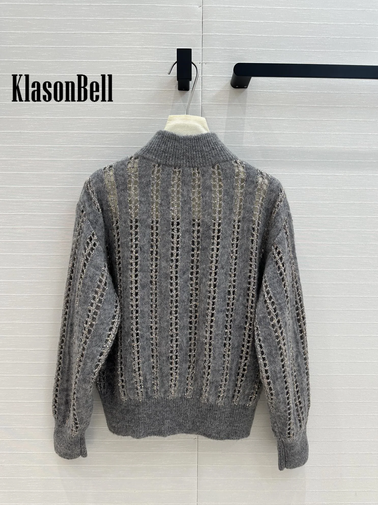 10.9 KlasonBell Women Clothes Sequins Hollow Out Cardigan Double Zipper Stand Collar Wool Mohair Blend Knit Coat