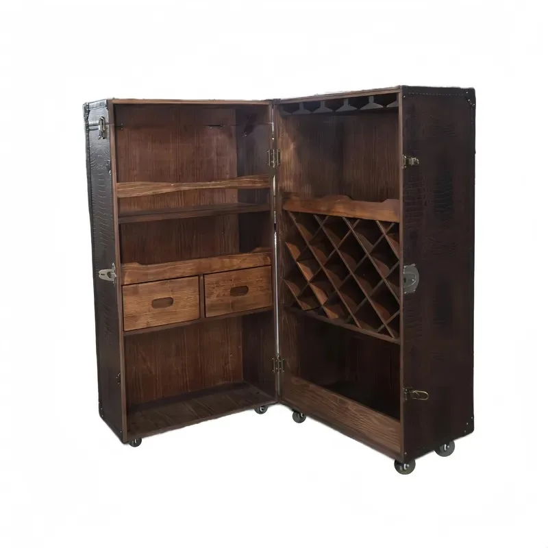 Retro Solid Wood Wine Cabinet Antique Finish Foldable Design for Living Room and Bar Storage Furniture