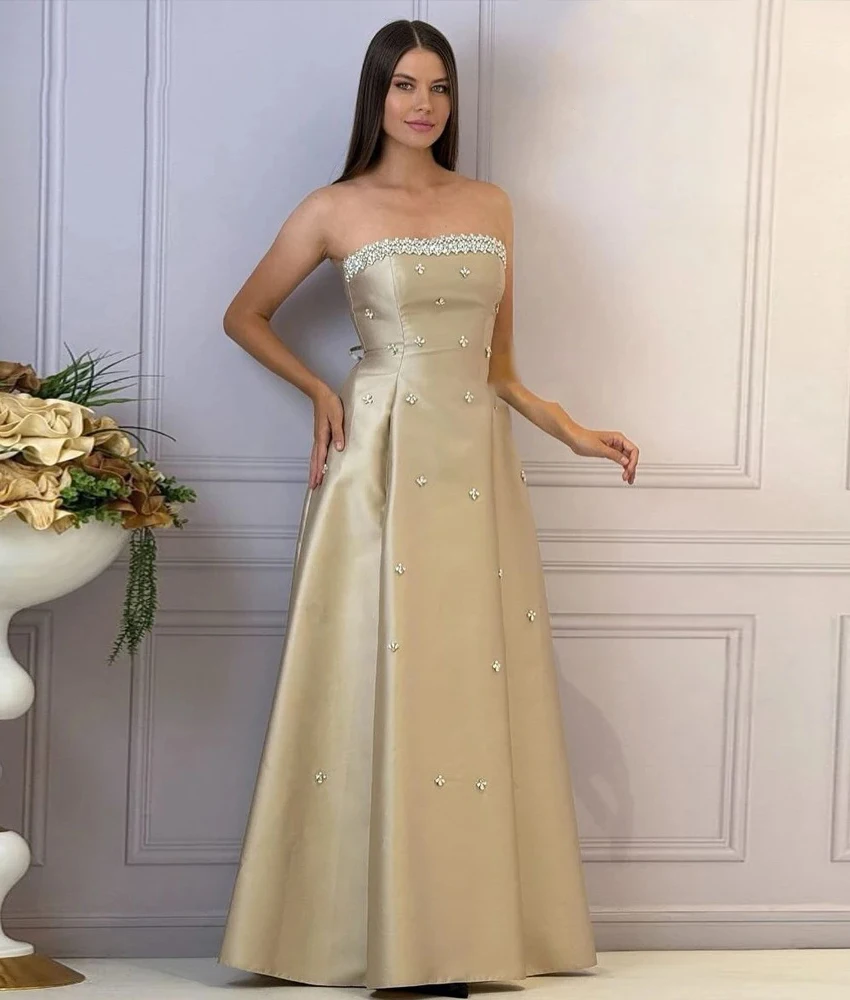 

Lzhk Customized Luxury Crystal Satin A-Line Evening Dress High Quality Strapless Sleeveless Floor Length Bespoke Occasion Gowns