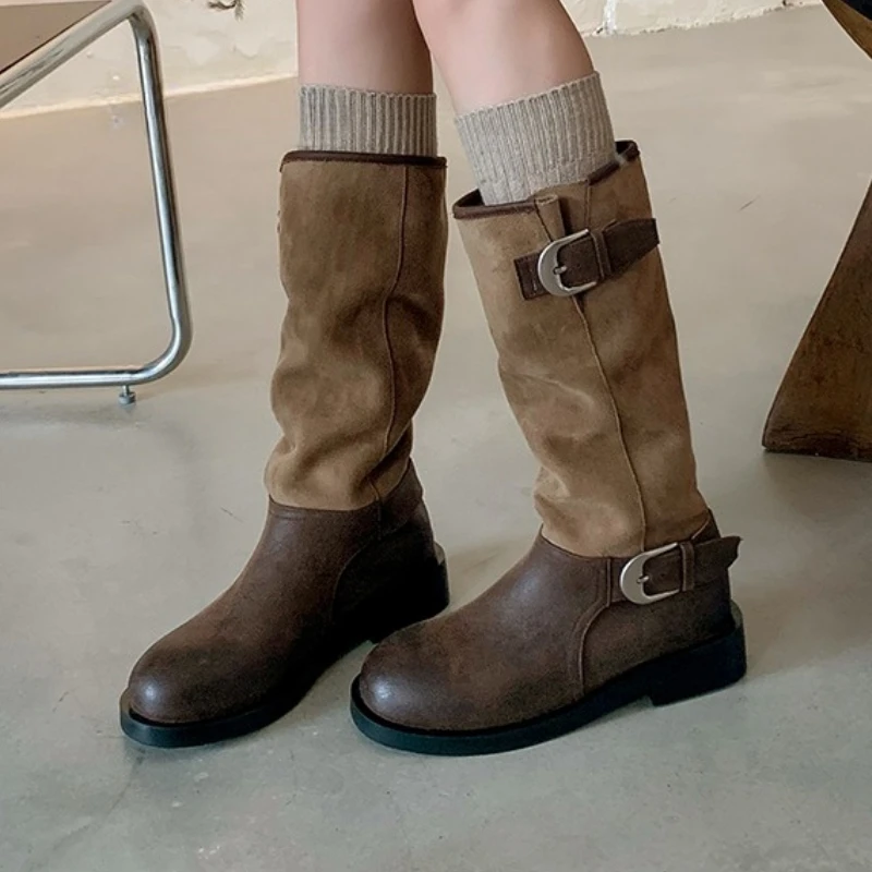 

Women Boots Flats Suede Shoes Fashion New Casual Knee High Knight's Boots Elegant 2025 Winter Brand Shoes Chelsea Mujer Botas