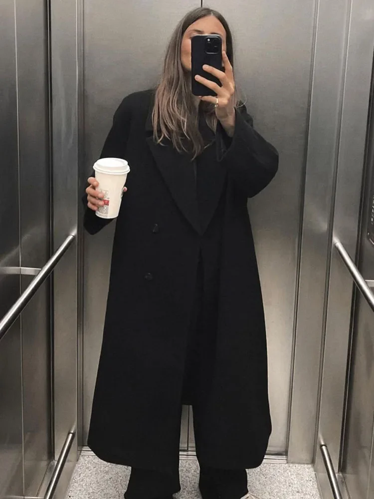 Fashion Lapel Double Breasted Wool Coat For Women Loose Long Sleeve Female Solid High Street Overcoat 2024 Autumn Winter