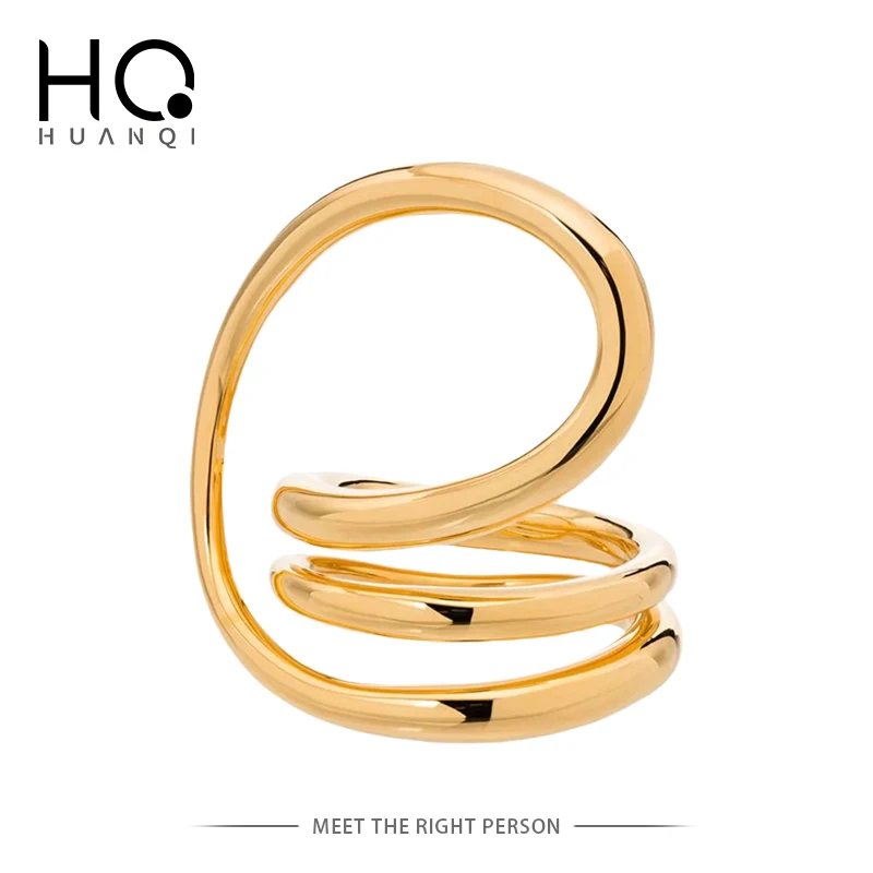 HUANQI New Trendy Gold Color and Silver Color Metal Geometric Irregular Spiral Twisted Lines Big Rings for Women Girls Jewelry