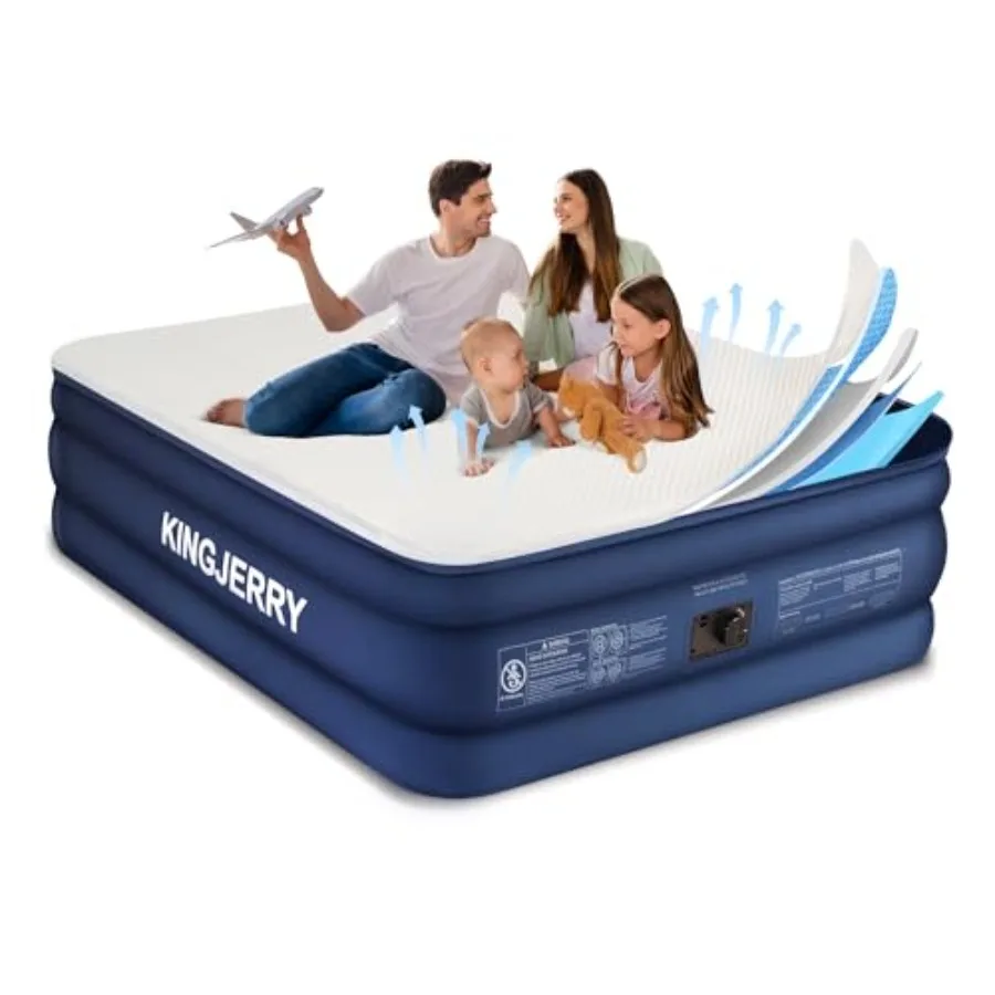 Home guest use inflatable air mattress with luxury foam topper, breathable washable silk-feel cover, gray color, 900lbs support