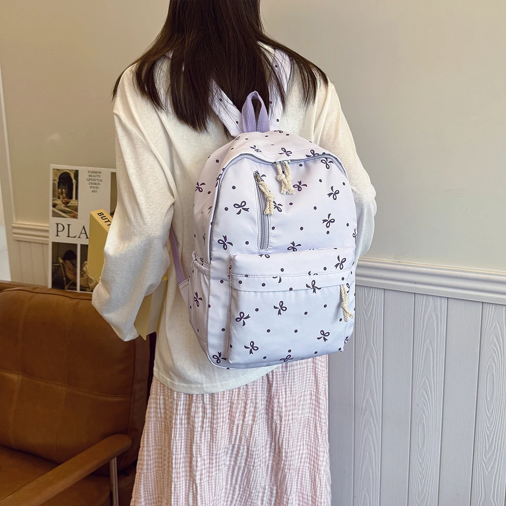 3 قطع/مجموعة حقيبة ظهر مطبوعة على شكل فيونكة مع حقيبة يد وحقيبة ظهر مدرسية للفتيات والنساء أثناء السفر