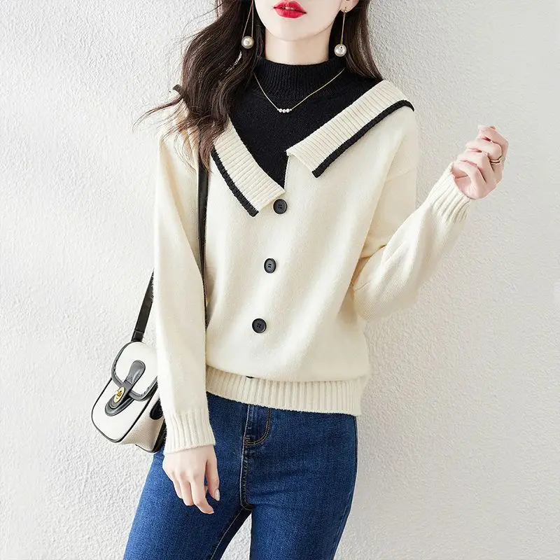 

Early Autumn Pullover Sweater 2023 New Women Crew Neck Fashion Simple Top Color Contrast Fake Two Piece Long Sleeve Sweater
