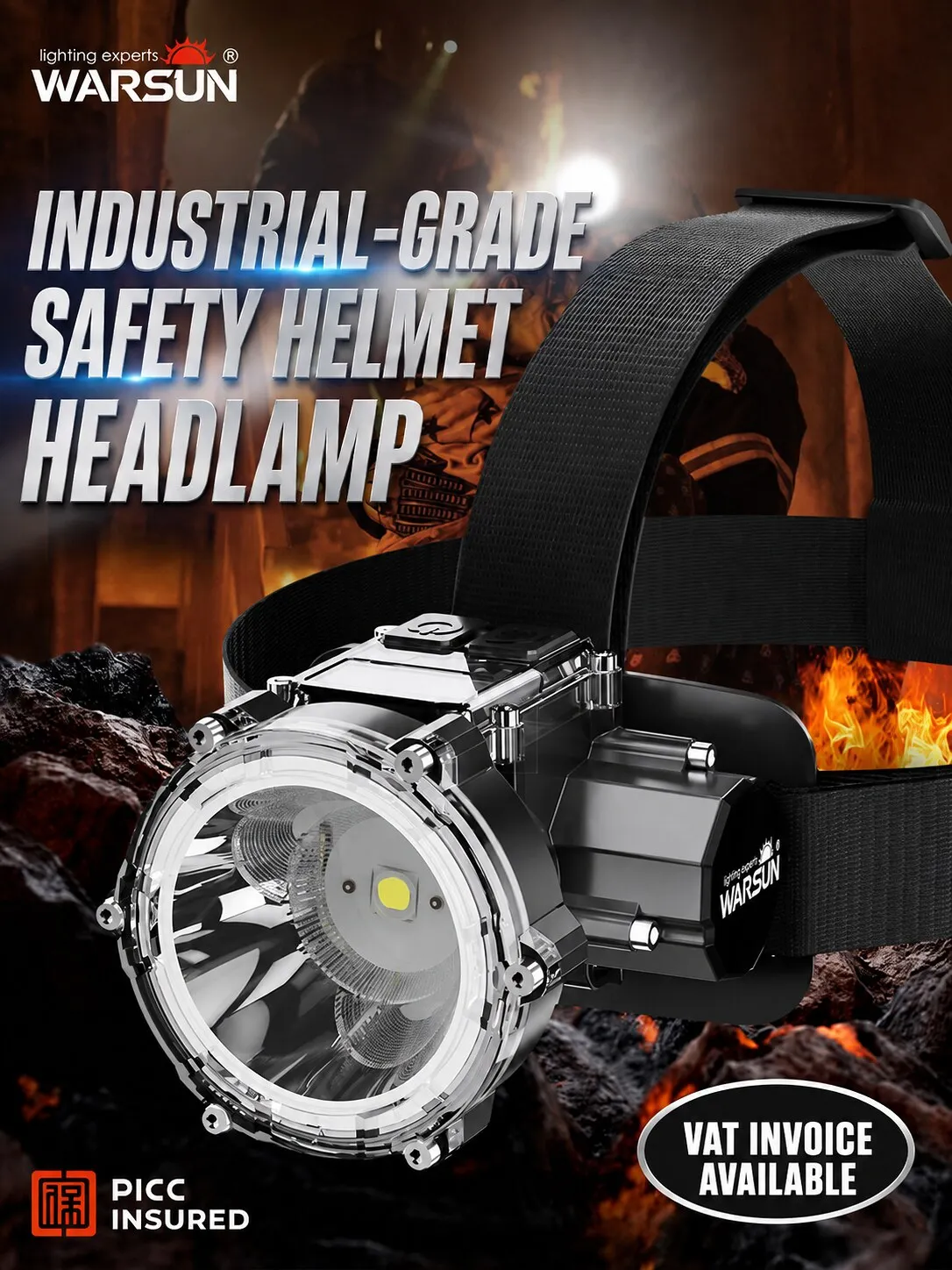 WARSUN WE01 Industrial Sensor Headlamp, Powerful Rechargeable Helmet-Mounted Mining Light for Construction, Fishing and Hands-Fr