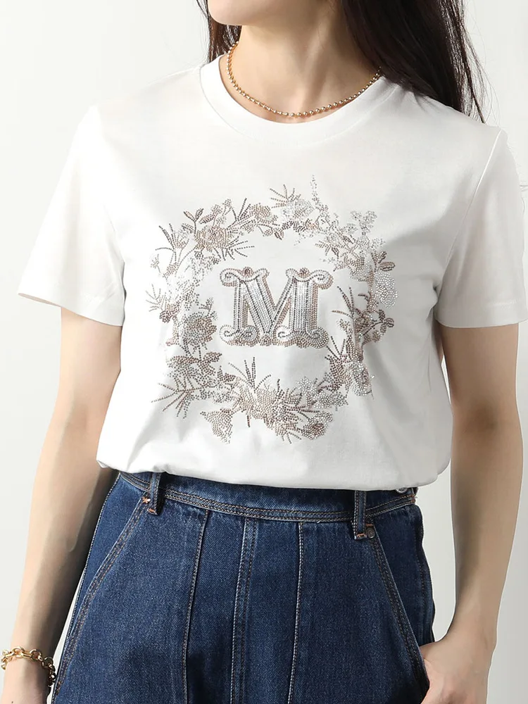 Summer New Maxmuskx Loose Women's T-shirt round Neck Short Sleeve Floral Ring Luxury Rhinestone Casual Cotton Cool Feeling
