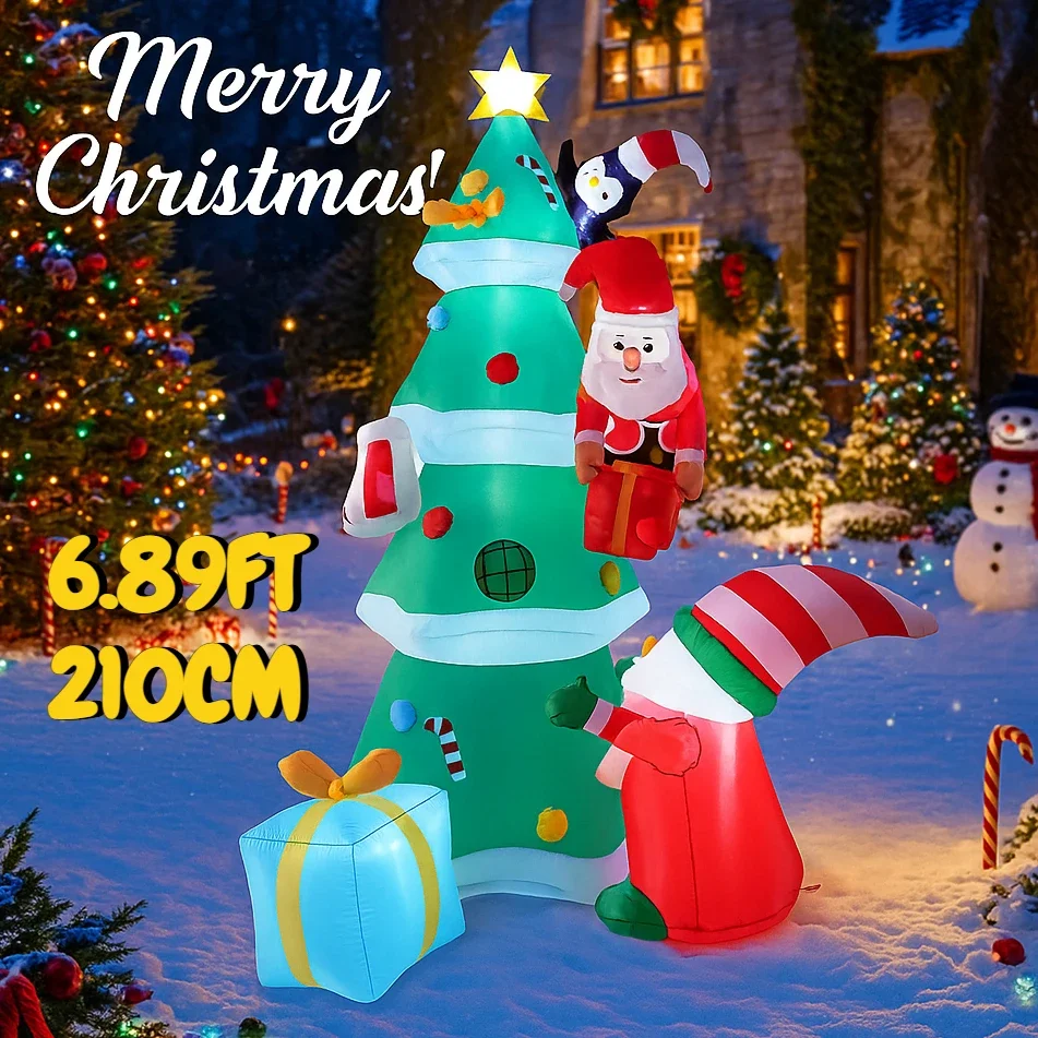 6.89FT Inflatable Christmas Tree Santa Elves Toy With LED Festive Christmas Gifts Xmas Yard Party Decor Christmas Decorations