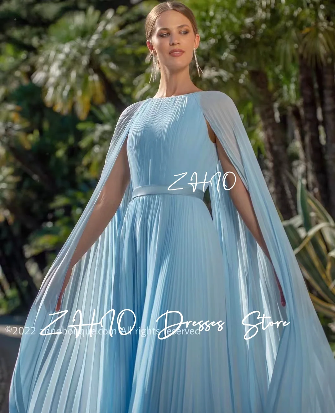 ZHIO Elegant Blue Evening Dress with Jacket A-Line Pleat Floor Length Chiffon Formal Occasion Wedding Party Gown Customized