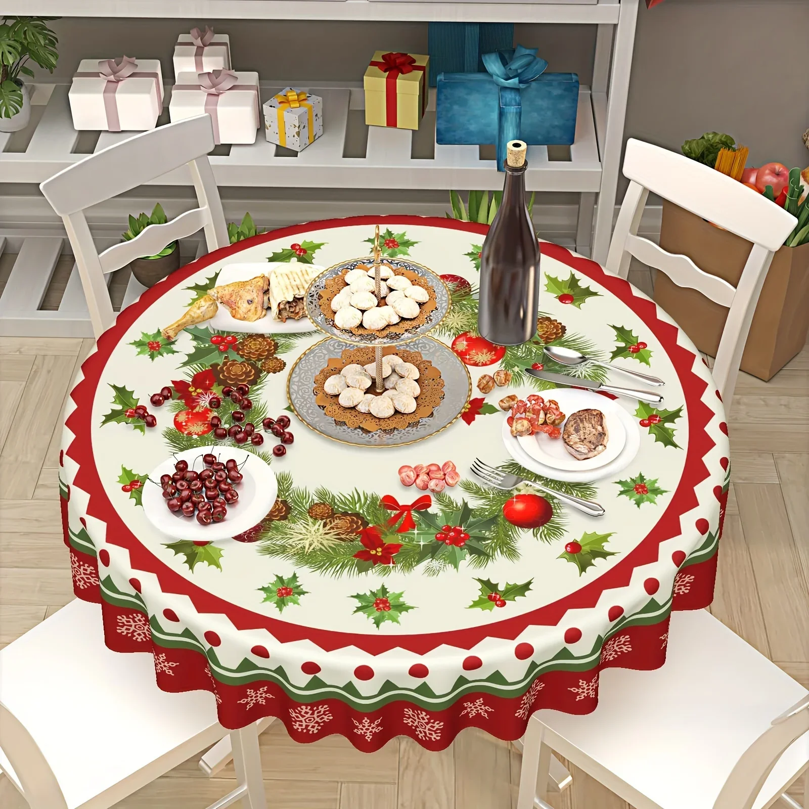 Christmas Happy 60-inch Round Tablecloth - Festive Red and Beige, with Santa Claus and Reindeer Patternzyc