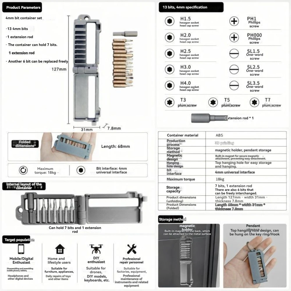 3D-gedrucktes tragbares 13-in-1-Bit-Set mit Schlüsselring für Phillips-Schraubendreherköpfe, magnetische Fahrradreparaturwerkzeuge – Detail 3