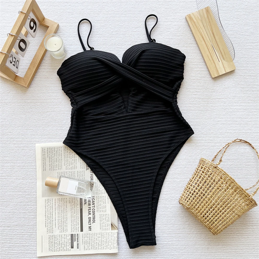 Sexy gerippter Badeanzug mit Ausschnitten und U-Ausschnitt für Damen, einteiliger Badeanzug, Monokini, hoch geschnittene Beine, gepolsterter Badeanzug, Badeanzug, Schwimmanzug V7604 – Detail 9