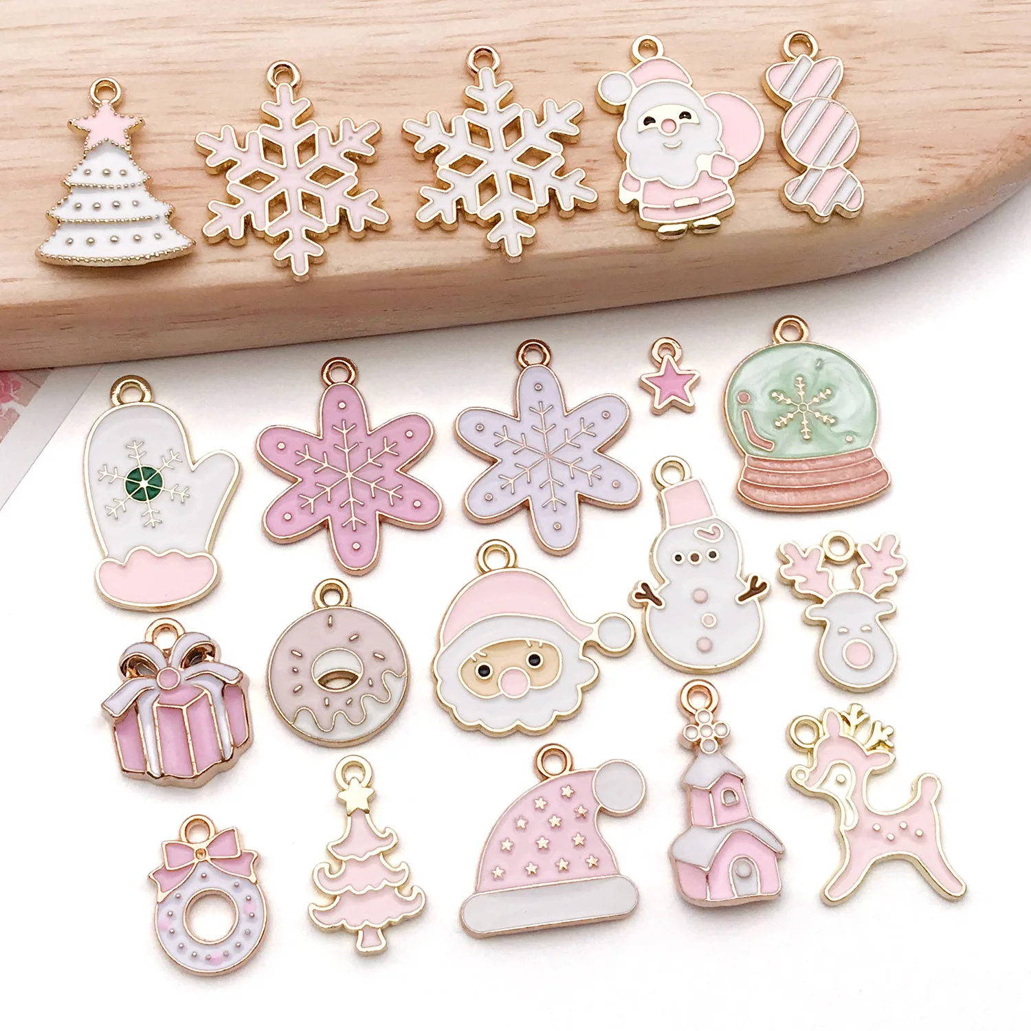 20PCS Pink Santa Snowflake Christmas Day Charms For Jewelry Making DIY Necklace Earrings Pendant Handmade Gift Accessories