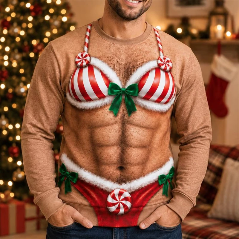 Funny Muscle Santa Bikini Christmas Sweatshirt For Men Women 3D Print Ugly Sweater Pullover Holiday Party Costume Tops Men Gift